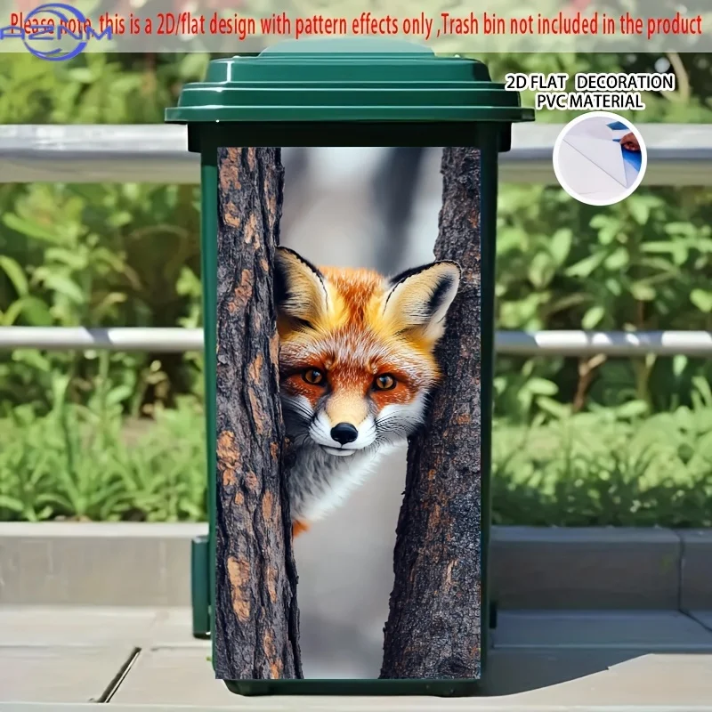 1pc Realistic Fox Peeking Between Trees Self-Adhesive Dustbin Sticker - x cm PVC Decal for Trash Cans, Walls, Kitchen Decor -
