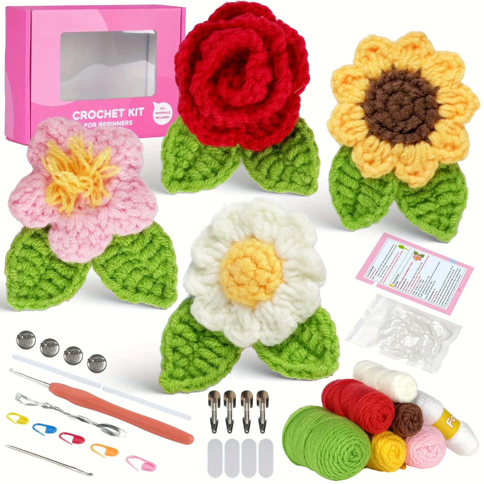 4Pcs Flower Decoration Pendant Crochet Kit Material Package, Not a Finished Product, Comes with an English Video Tutorial, Easy to Use, Perfect for DIY Handmade Knitting, Perfect for Decorating Pendants, Suitable for All Seasons