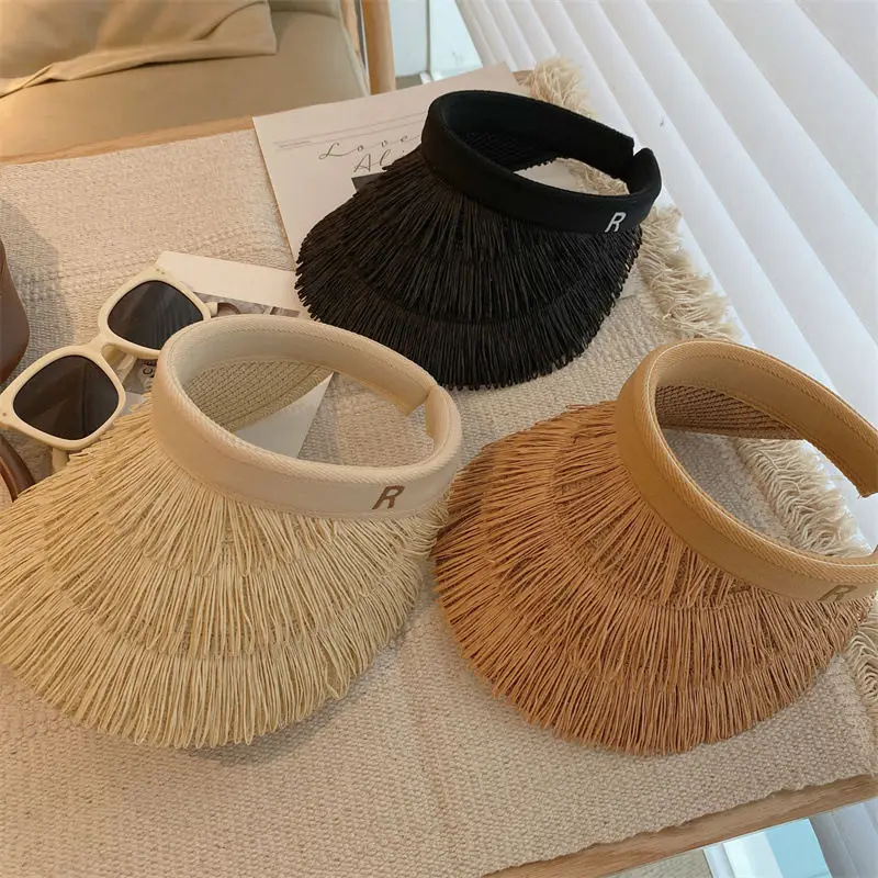 New summer empty top women's straw braid fringe sunhat is a sunhat with sunblock UV beach holiday