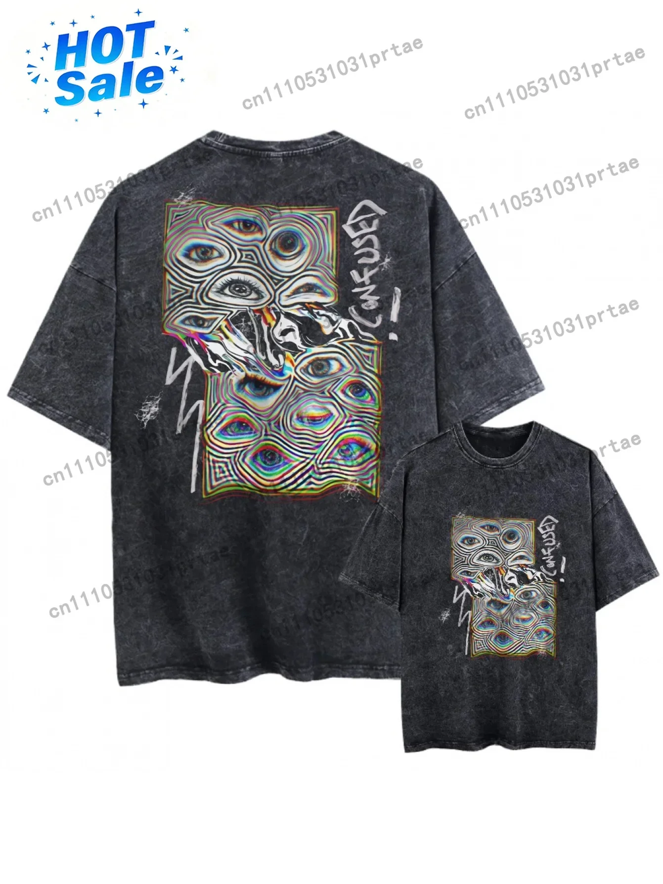 Unisex Vintage Distressed Oversized Black T-Shirt with Short Sleeves, Featuring a Graphic Design for Both Men And Women, Eye Pat