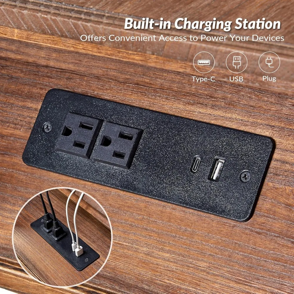 Meja Nakas Kayu Solid dengan Stasiun Pengisian Daya dan Rak yang Dapat Ditarik, Meja Samping dengan Desain Spindle untuk Kamar Tidur, Furnitur Penyimpanan dengan Laci dan Rak