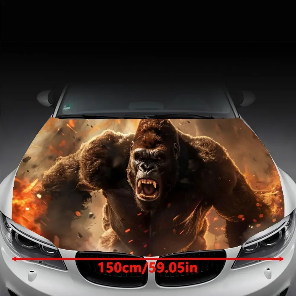 Angry Gorilla Splashing Flames Car Vinyl Wrap, PVC Waterproof Car Hood Sticker, Self-Adhesive Scratch-Resistant Stickers for Eng