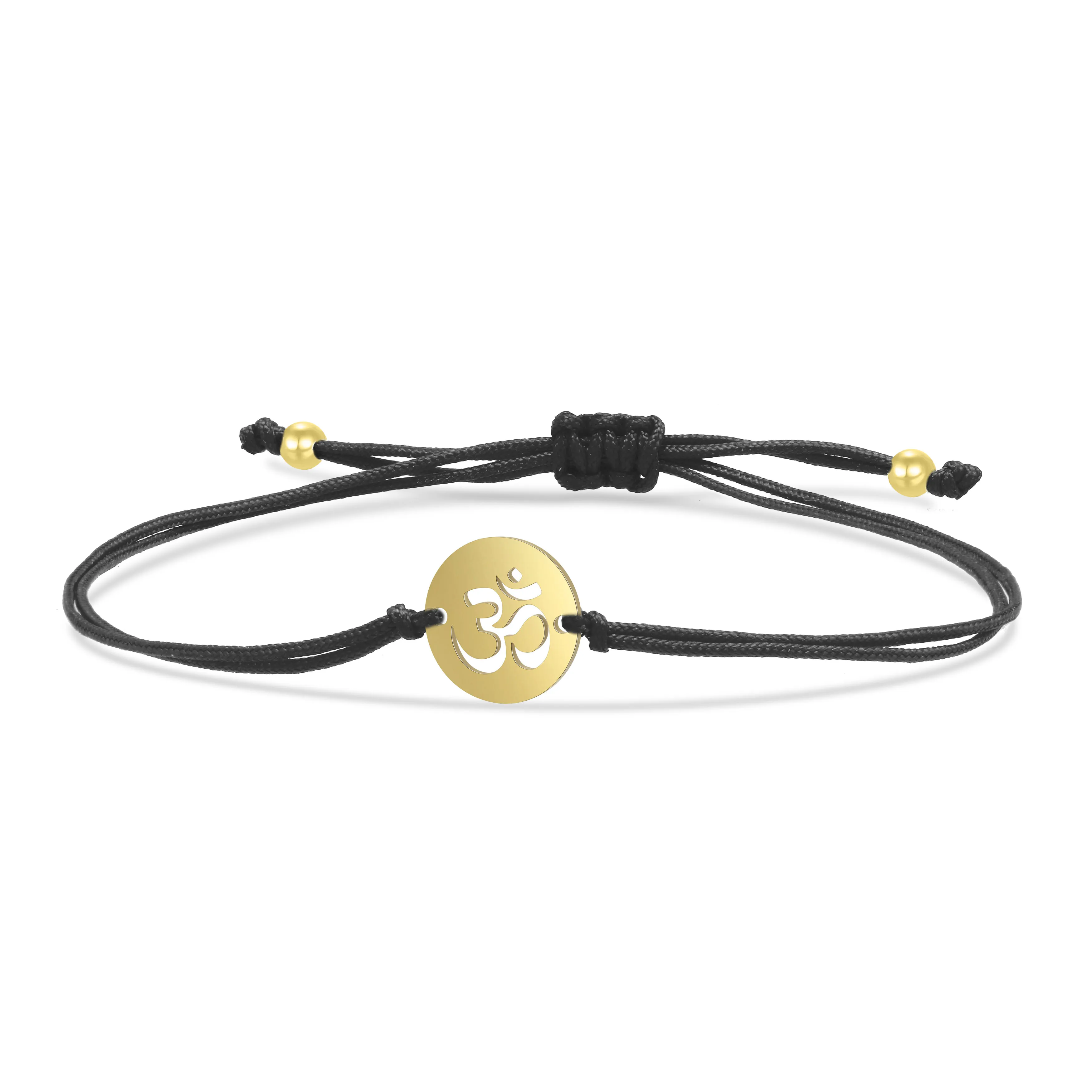 Gold-plated Stainless Steel Round Discs Yoga OM Symbol Handmade String Bracelet Women Black Adjustable Cord Surf Jewelry Present