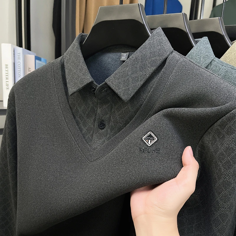 Marca de moda em relevo camisa gola camisola masculina inverno pelúcia grosso quente luxo novo pulôver de malha negócios casual masculino wear