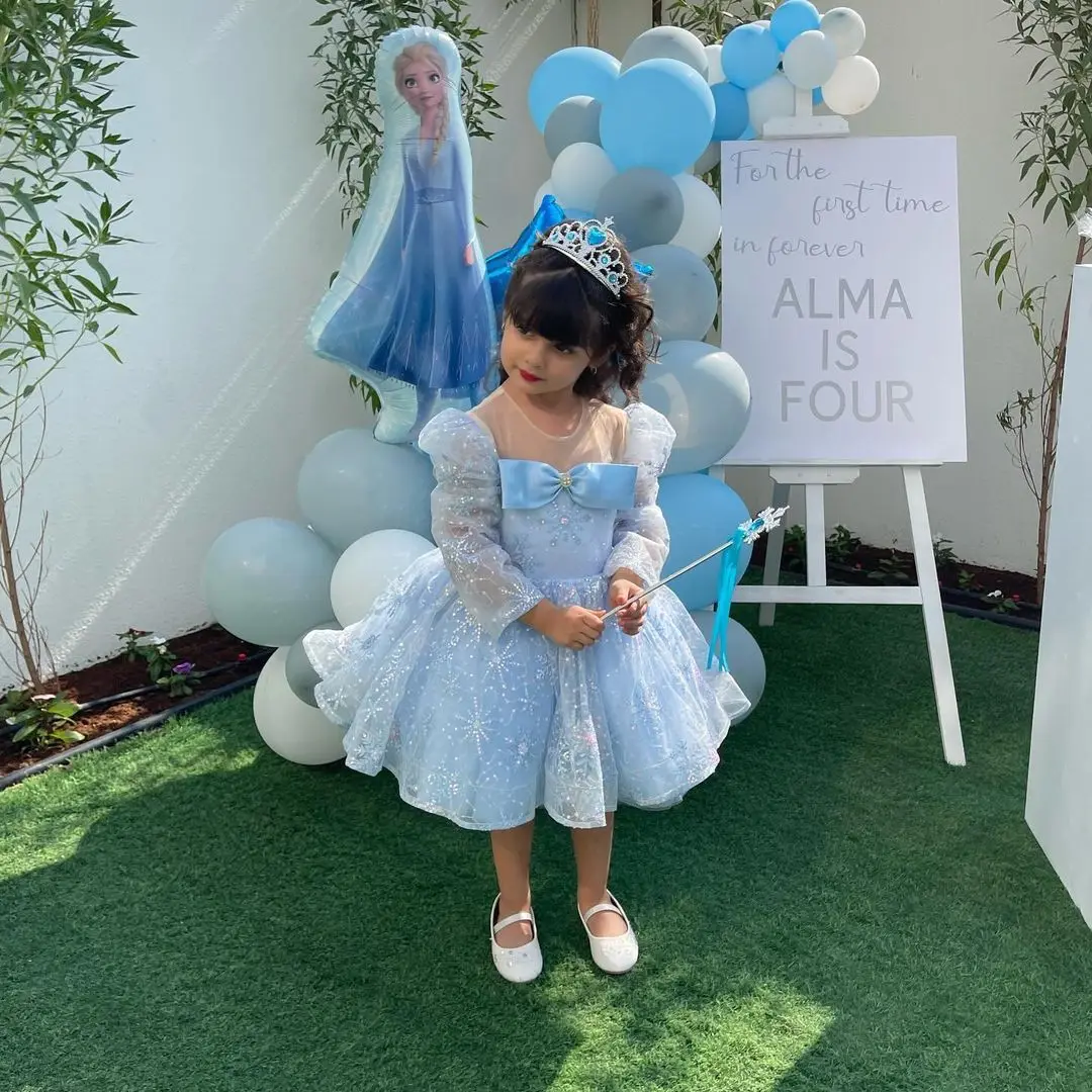 Baby Blue Flower Girl Dresses Lace Ball Gown Children Birthday Gowns Knee Length Long Sleeves Little Girls First Communion Dress