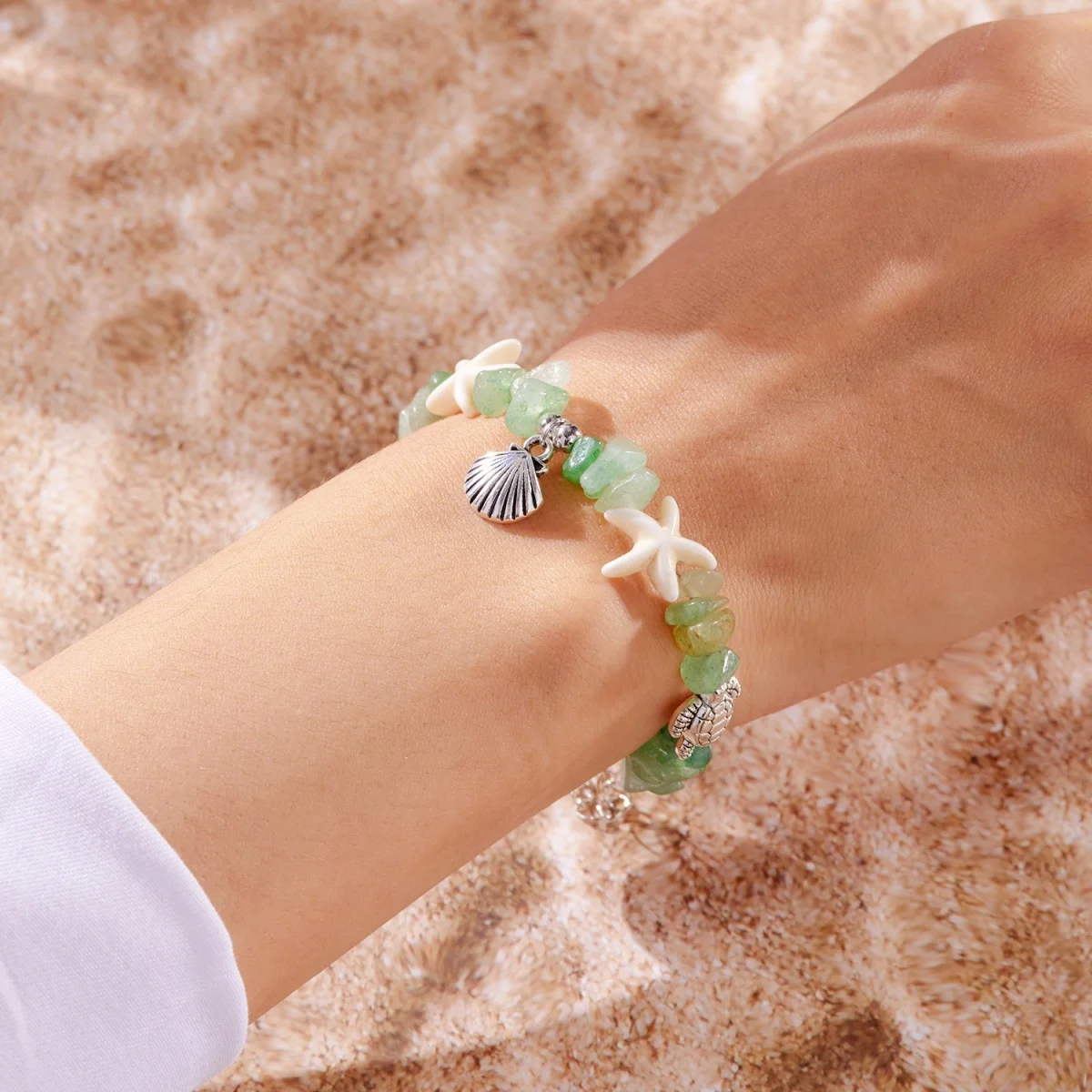 Boho-Armbänder mit zerstoßenen Steinen, Muscheln, Seesternen und Schildkröten für Damen und Herren, Sommer, Strandurlaub, Ozean, Meerestiere, Armreif, Partyschmuck – Detail 16