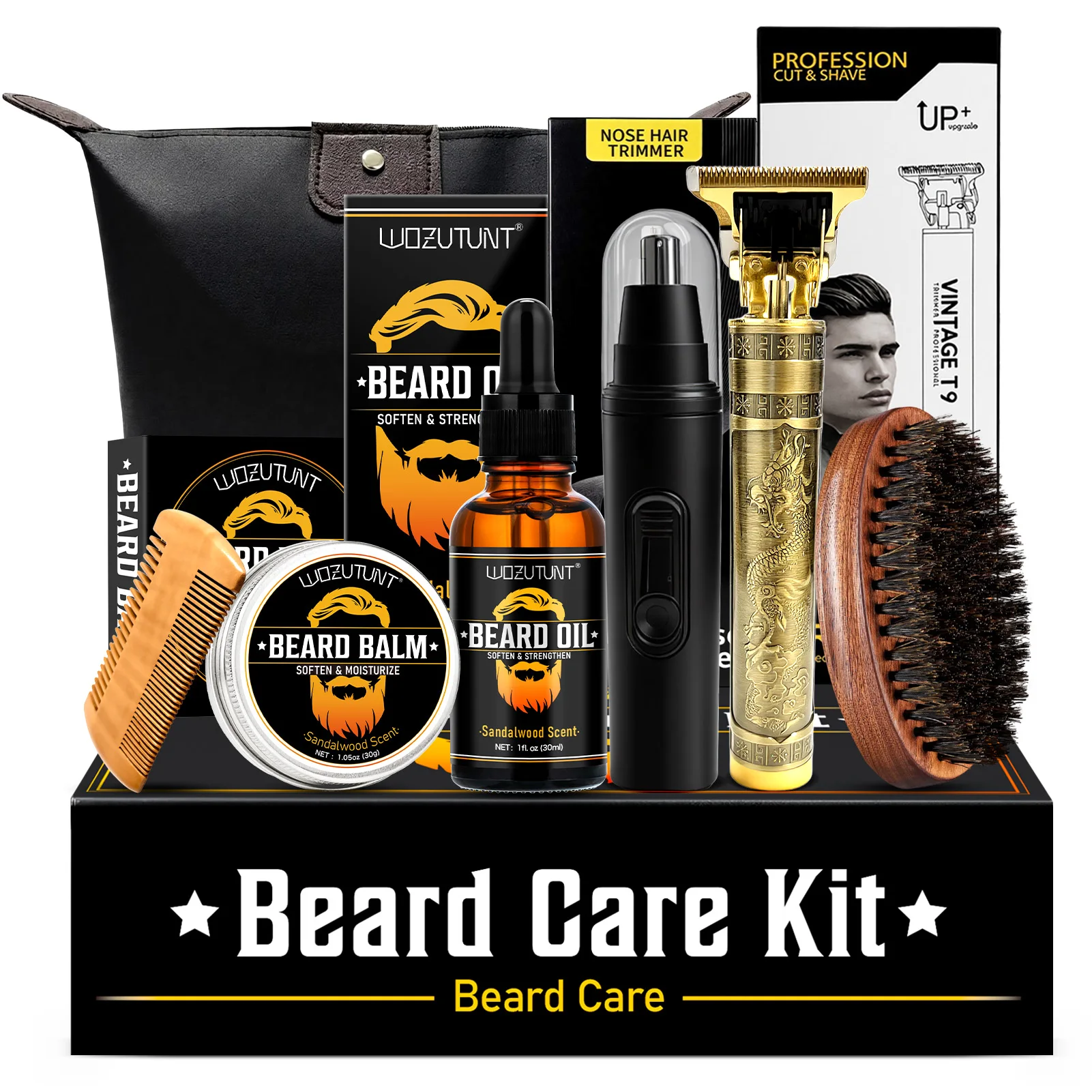 Beard Grooming Kit For Men With Vintage T9 Beard Shaver Nose Trimmer Sandalwood Beard Oil Balm Brush Comb Beard Care Kit Gift Set for Men