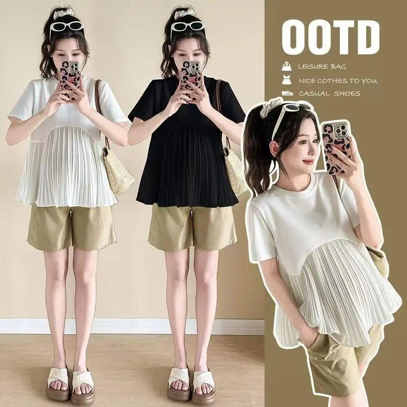 Spring Summer Maternity Tee 2026 Loose Doll Collar Chiffon Blouse Belly Covering Short Sleeve Basic Top Soft Breathable Daily