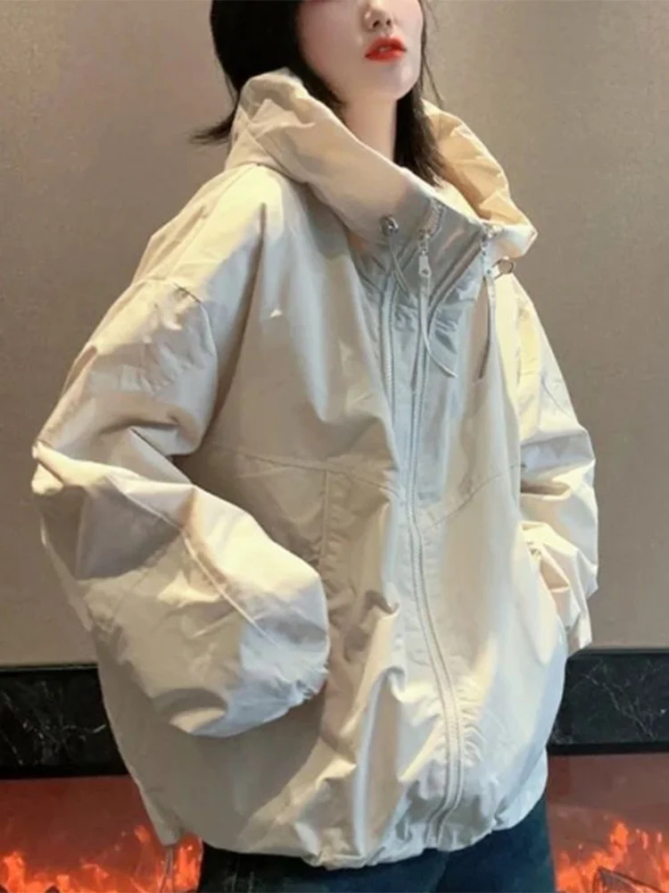 

Стильная женская куртка с капюшоном на весну-осень, новая модель, большие размеры, модная, для повседневной носки, свободного кроя, на молнии, с хлопковой подкладкой