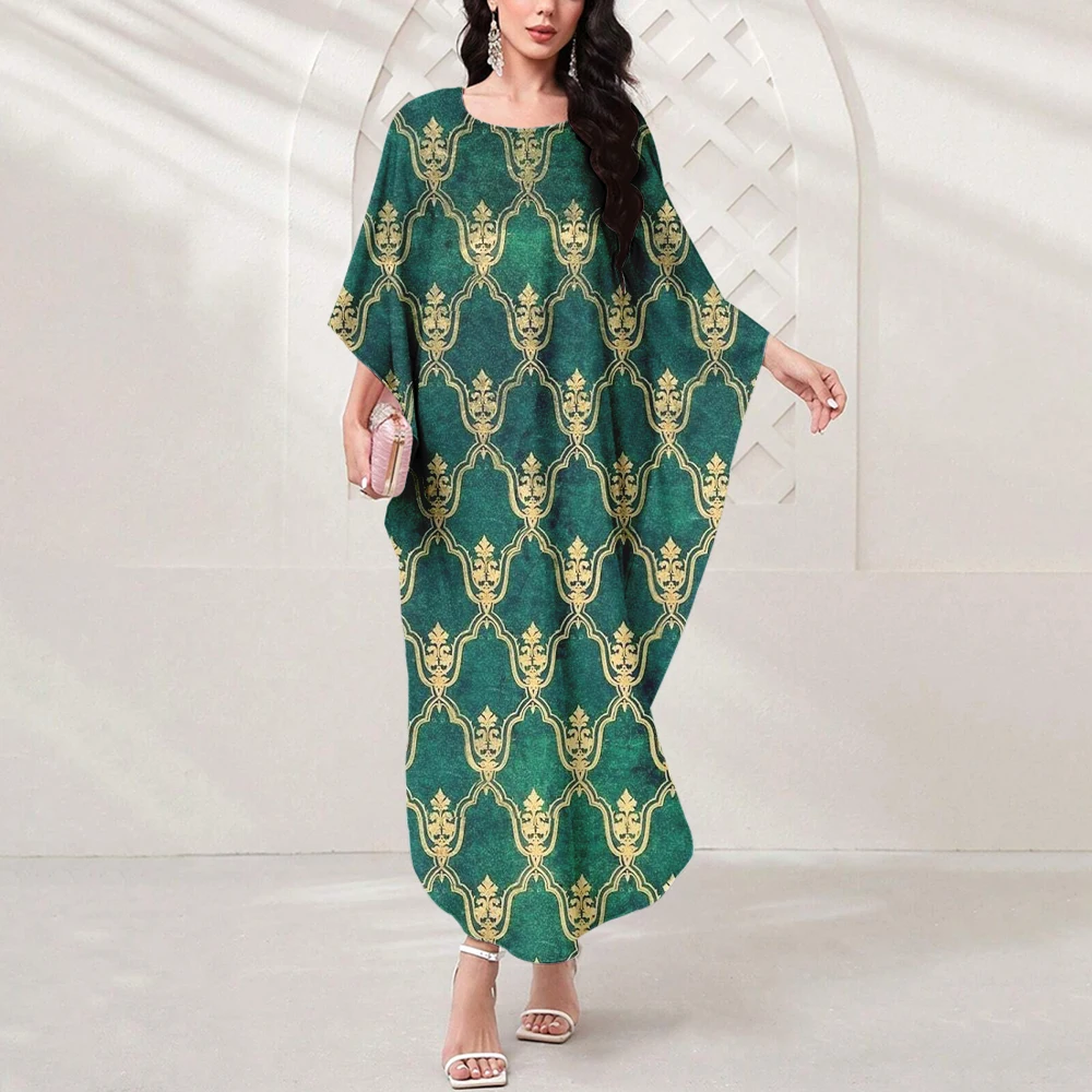 Summer Dubai Women's Muslim Abaya Dress Vintage Classic Geometric Print Casual Dress Islamic Women's Crew-neck Muslim Dress