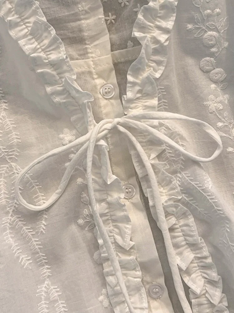 Summer ort Sve Embroidered Ruffle Hem irt Women's Korean Sle Loose Fit Lace Collar Single Piece  Knot Design
