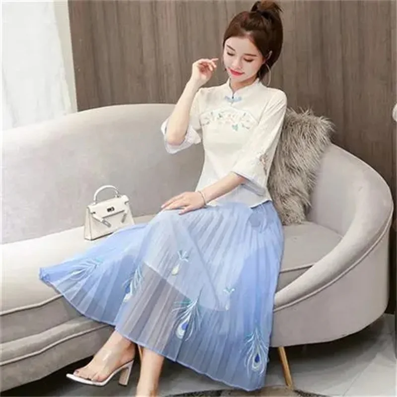 Summer Suit 5XL Women's Sets 2026 Fat MM Chinese Style Momther Hanfu Improved Cheongsam Elegant White Top Skirt Suits Female