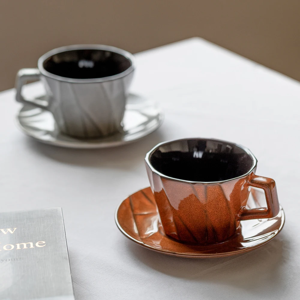 

Vintage Unique Shape Ceramic Cup and Saucer Set Colorful Coffee Milk Mugs Minimalist Style Drinkware for Home Office Use Tea Set