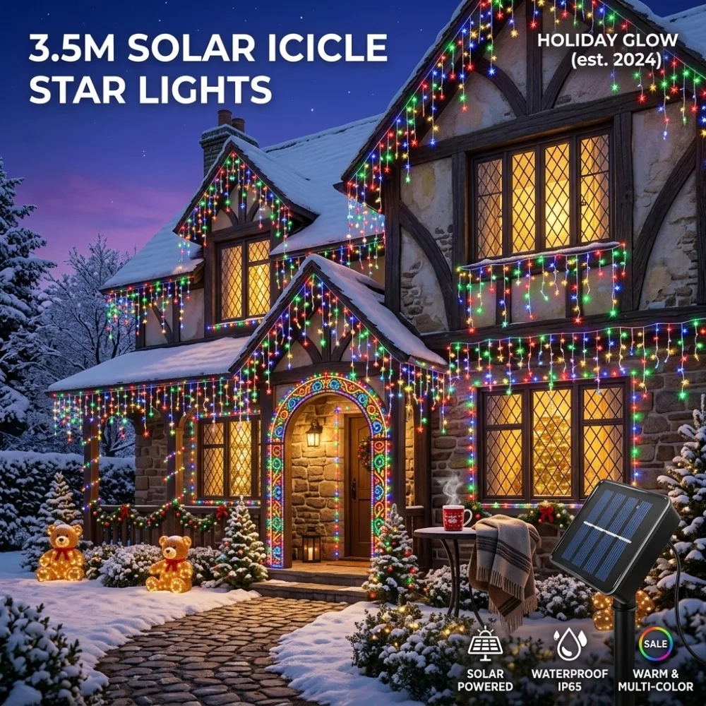 Solar Curtain Icicle Lights 3.5M Multicolor for Eaves Outdoor Christmas Window Festive Garden House Stair Wedding Balcony Decor