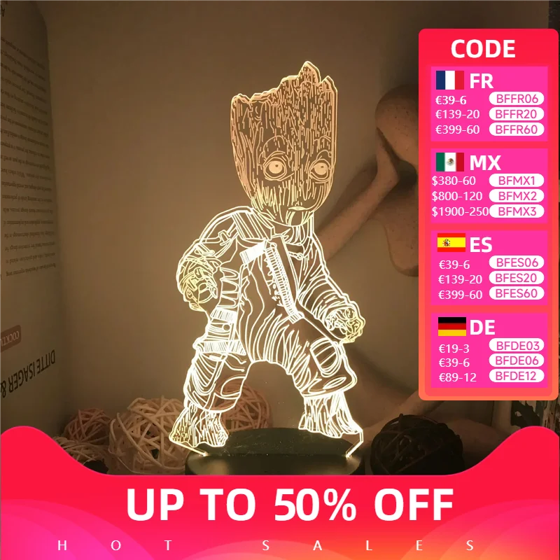 

Hot Marvel Avengers Groot Night Light Anime Toys Action Figure Disney Table Lamp Tree Man Acrylic Model Kids Christmas Gifts