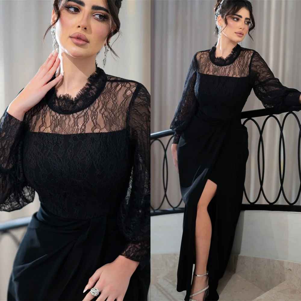 Customized Simple Black Jersey Evening Dresses Exquisite O-Neck Long Sleeves Homecoming Dresses Fashion Special Occasion Gowns