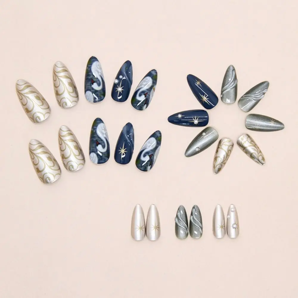24 قطعة مانيكير طويل اللوز الأظافر كاذبة الذهبي تألق القوس موجة الفرنسية الصحافة على الأظافر انفصال اللؤلؤ النجمي مسمار نصائح DIY بها بنفسك