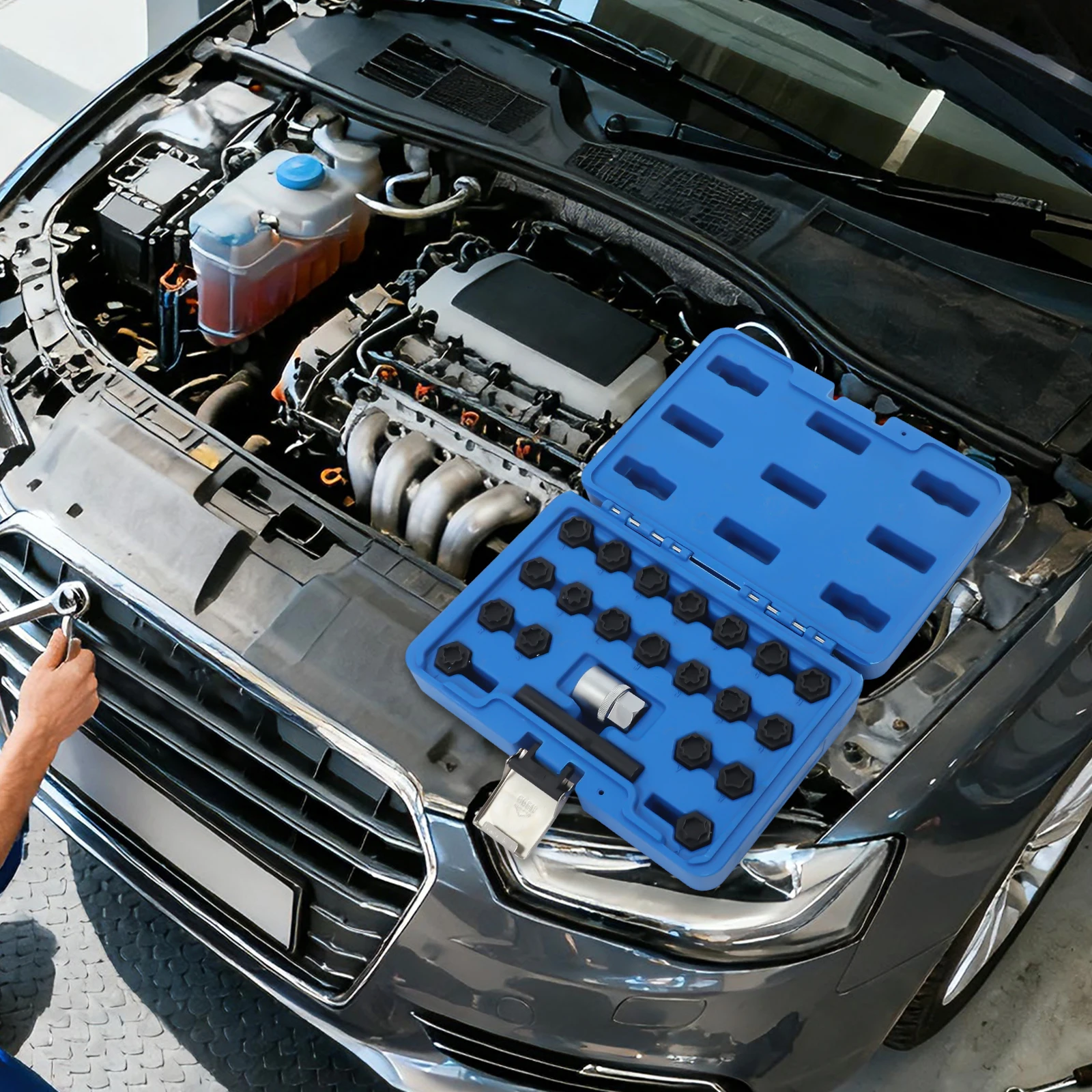 

Набор инструментов для снятия ключа стопорной гайки колеса, 22 шт., противоугонный съемник гаек с проушинами для Audi, хромо-молибденовой стали и ящика для инструментов