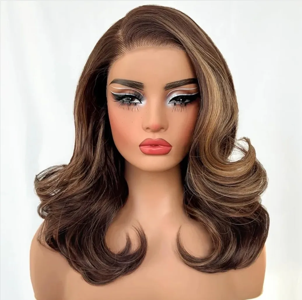 

Brown Blonde Ombre Wig HD Front LaceBlend Highlights Wavy Curly