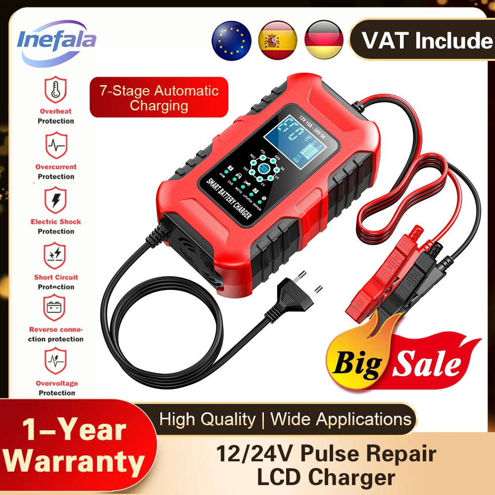 Inefala 12V/10A 24V/5A chargeur de batterie de voiture 7 étapes chargeur automatique AGM chargeur de batterie humide réparation d'impulsions intelligente désulfateur rapide