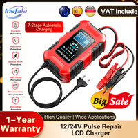 Inefala 12V/10A 24V/5A Car Battery Charger 7 Stages Automatic Charger AGM Wet Battery Charger Smart Pulse Repair Fast Desulfator