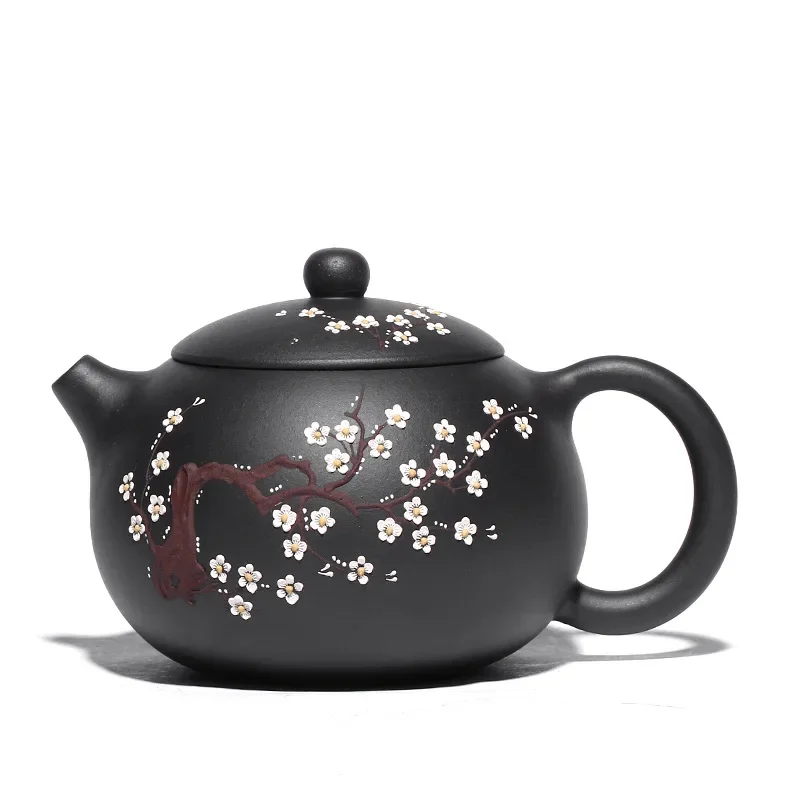 Xishi Teapot Yixing Raw Mineral Black Mud Famous Purple Clay Teapot Hand-painted Plum Blossom Xishi Teapot Tea Ceremony Gift Set