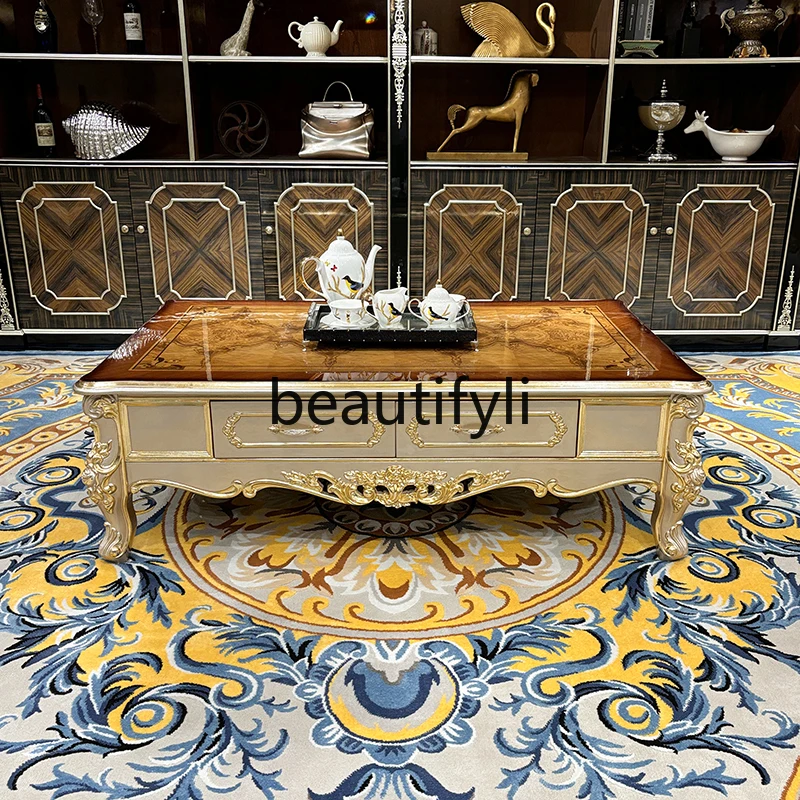 

French solid wood coffee table, European luxury carved tea table, villa small apartment