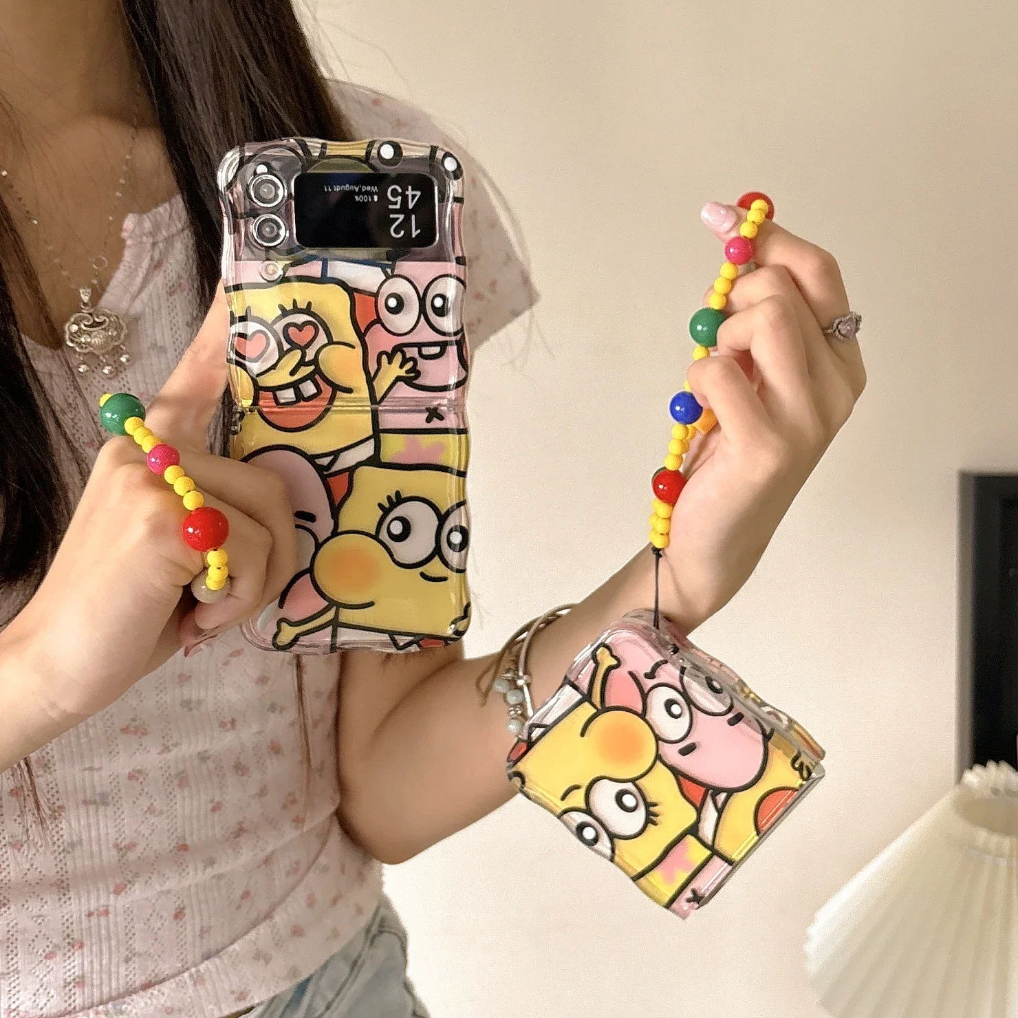 

Cartoon Cute Wave With Lanyard Phone Case for Samsung Galaxy Z Flip 3 4 5 6 5G PC Hard Anti-drop S-SpongeBobs Back Cover Funda