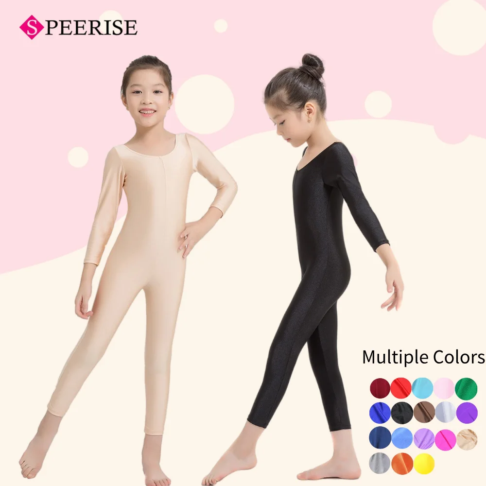ชุดบอดี้สูทเด็กผู้หญิงแขนยาวสำหรับเต้นบัลเลต์ ยิมนาสติก ชุดออกกำลังกาย ชุดเต้นรำ ชุดยูนิทาร์ดผ้ายืดสีพื้น สำหรับการแสดงบนเวที