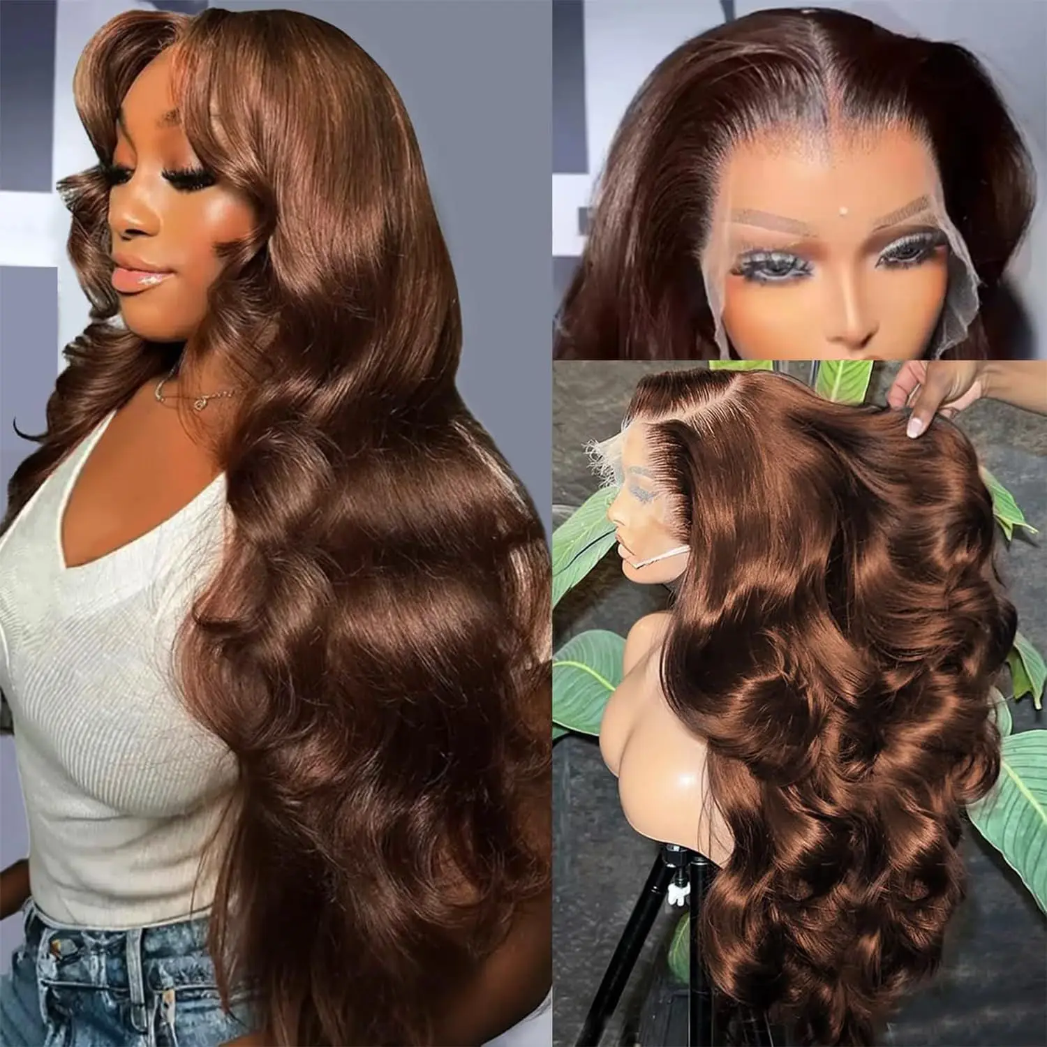 28 Inch Chocolate Brown Lace Front Wig Human Hair Pre Plucked 13x4 Hd Lace Body Wave Frontal Wigs Human Hair 4# Brown Colored Wigs Human Hair 200% Density Glueless Wigs 13x4 Chocolate Brown Human Hair Wig Straight Body Deep Wave Lace Front Wigs