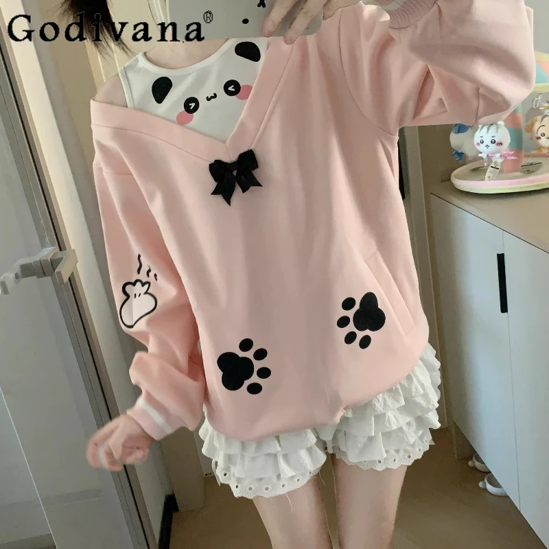 Original Girls Fake Two-Piece Cute Panda Off Shoulder Long Sleeve Sweatshirt Female Autumn New Casual Pullover Daughters Clothes