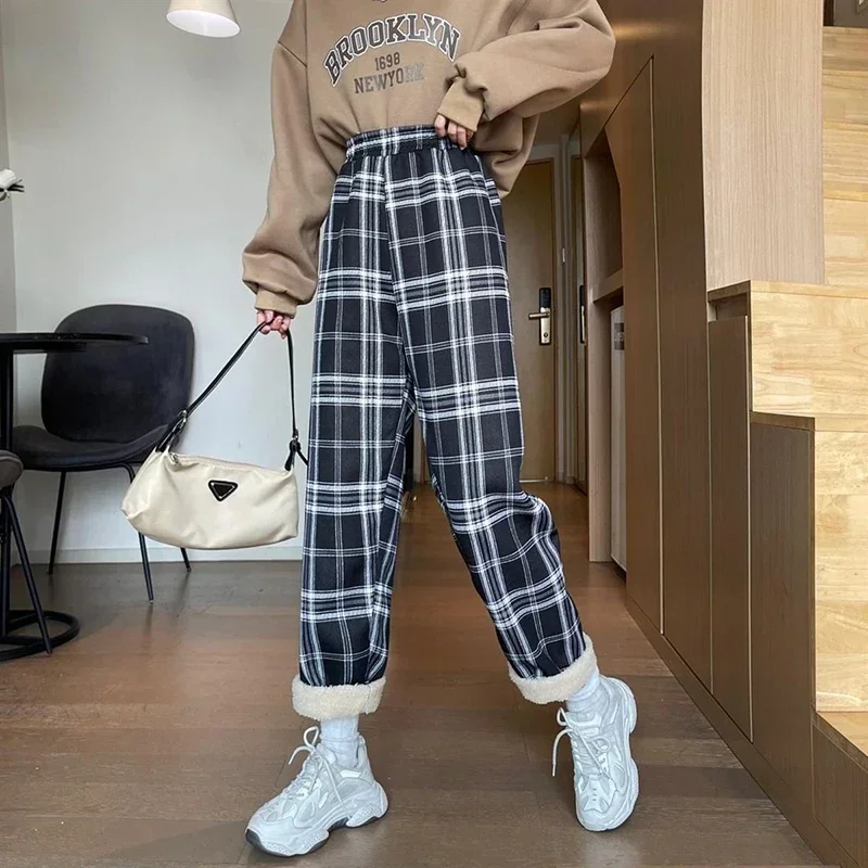 JMPRS Winter Thick Plaid Pants Women Korean Fashion Warm Loose Wide Leg Trousers Student Y2K Causal High Waist Pants Outwear