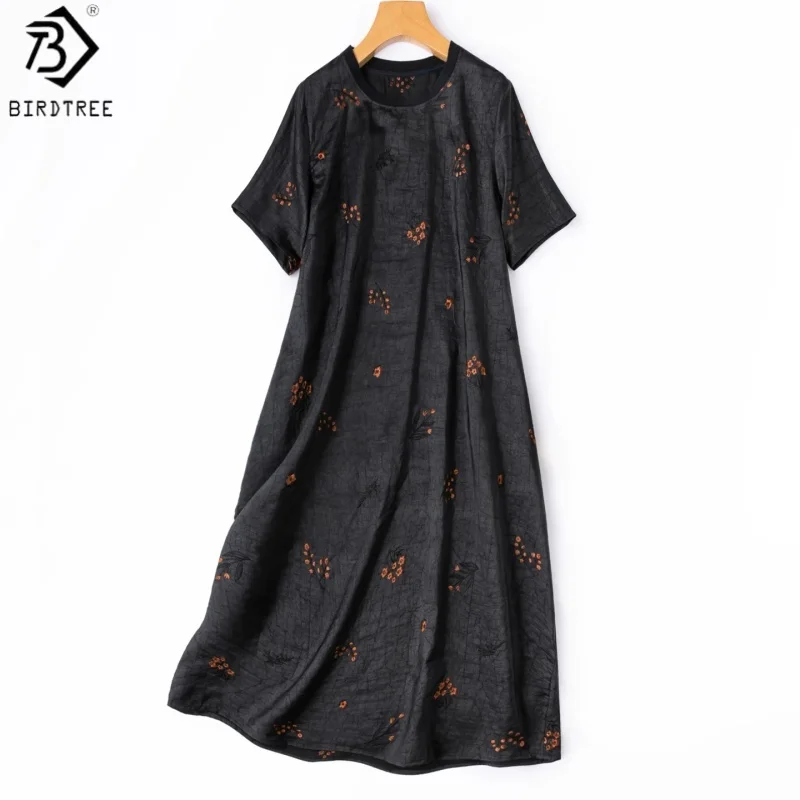 BirdTree, 100% Real Silk Embroidery Dress, O-neck, Women's Crackle Pattern Xiangyunsha Cocoon Dresses, 2026 Summer New D66608JF