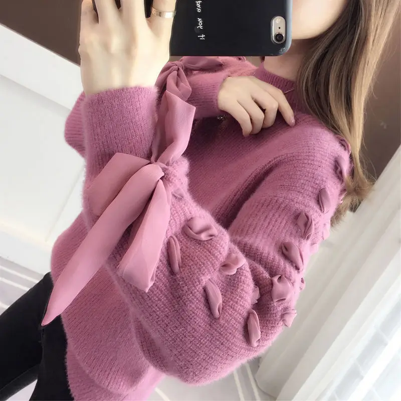 Autumn Winter Half High Collar Bow Lace Up Loose Casual Sweater Ladies Solid Color All-match Knitting Jumper Top Women Pullover