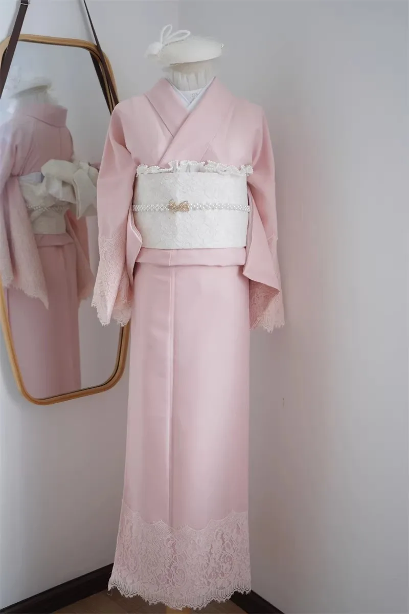 Women Japanese Formal Lace Kimono Embroidery Modified Yukata Romantic Style Photography Dress Cosplay Costume
