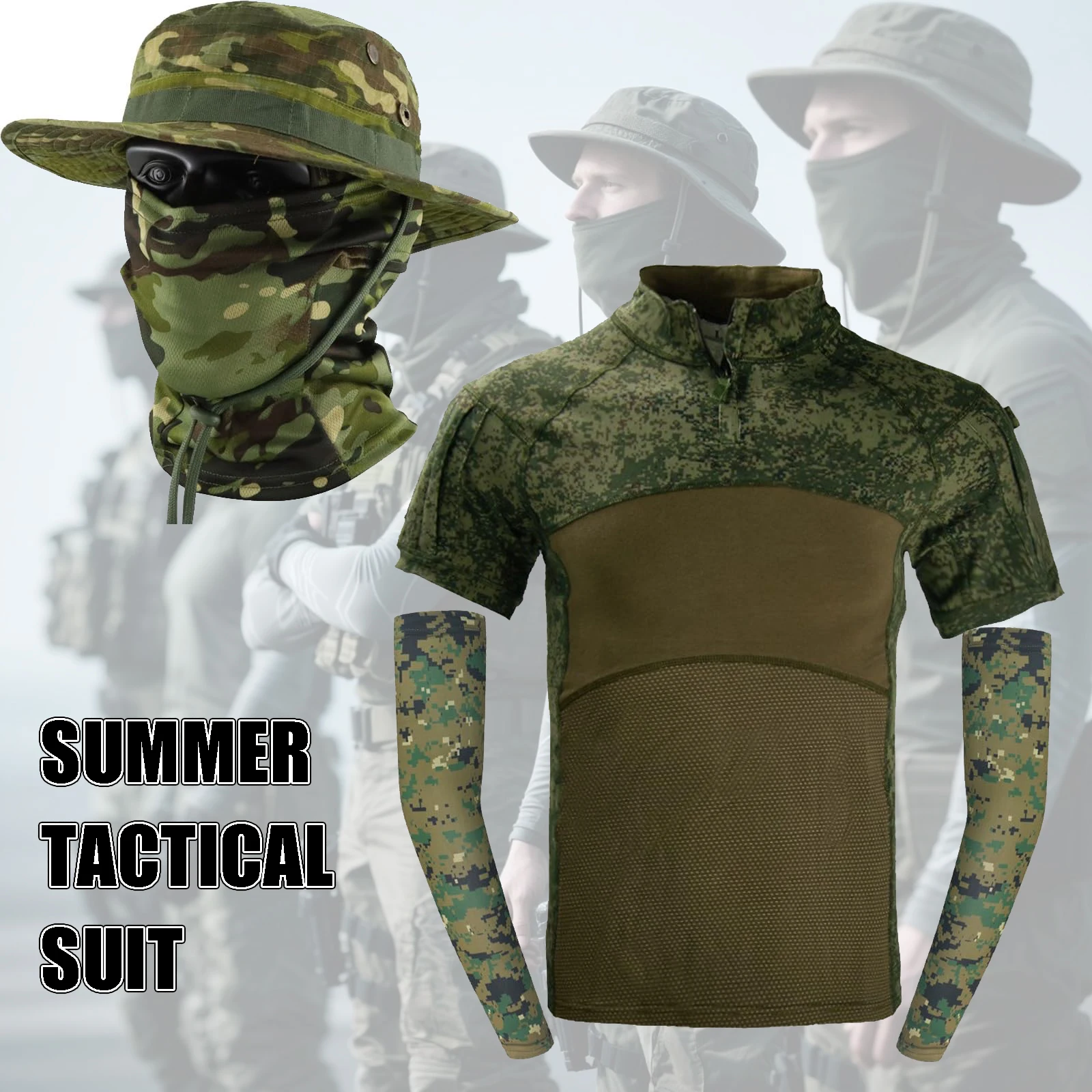 

Тактический летний комплект снаряжения с мужским воротником-стойкой на молнии 1/4, боевая футболка-карго, Балаклава «Птичье глаз» и рукавами для льда, рабочий универсальный костюм