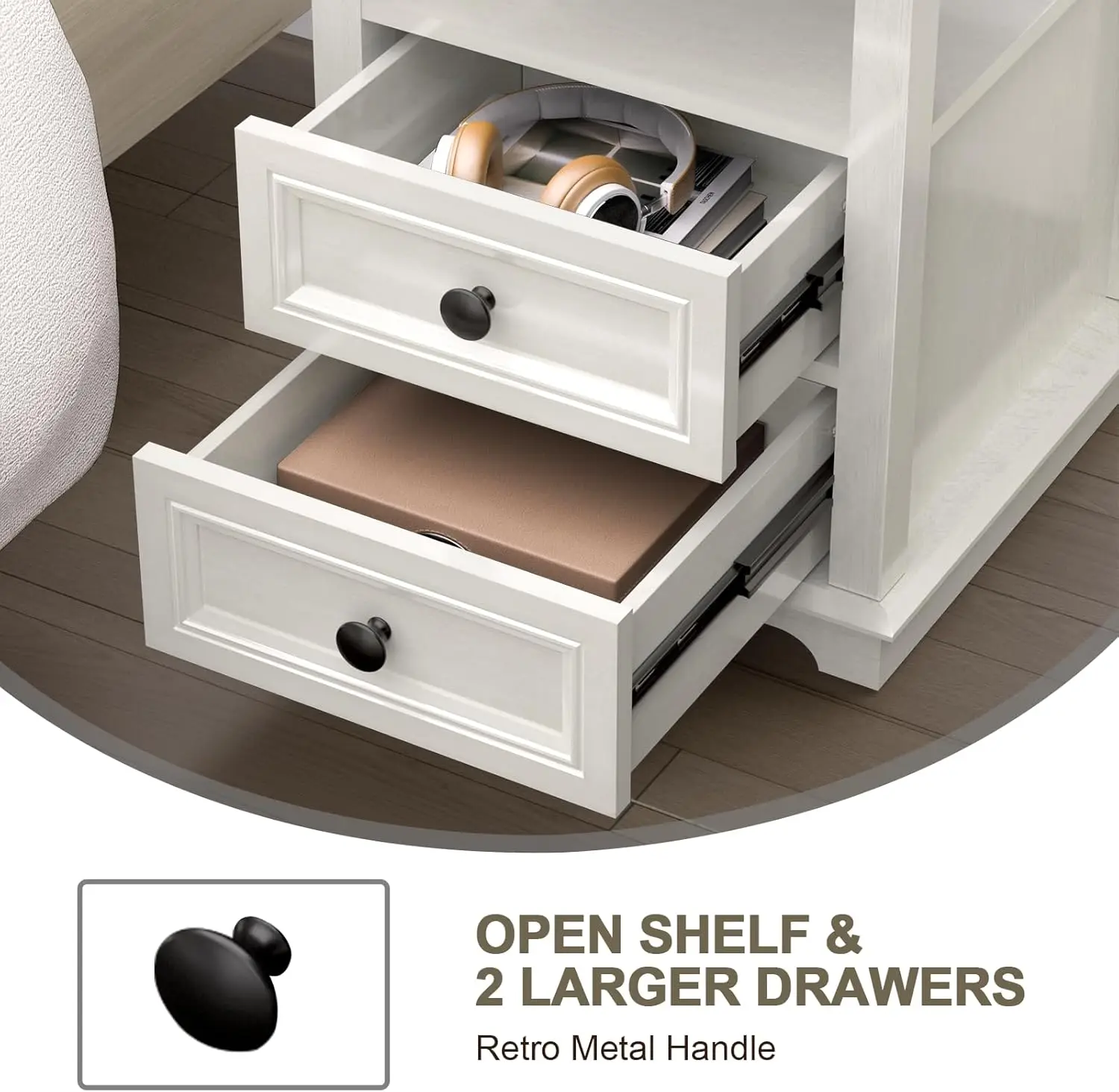 18' Tall End Table with USB-C Charging, 2 Drawers, Rustic Wood Storage Cabinet for Living Room, Bedroom, Office – White