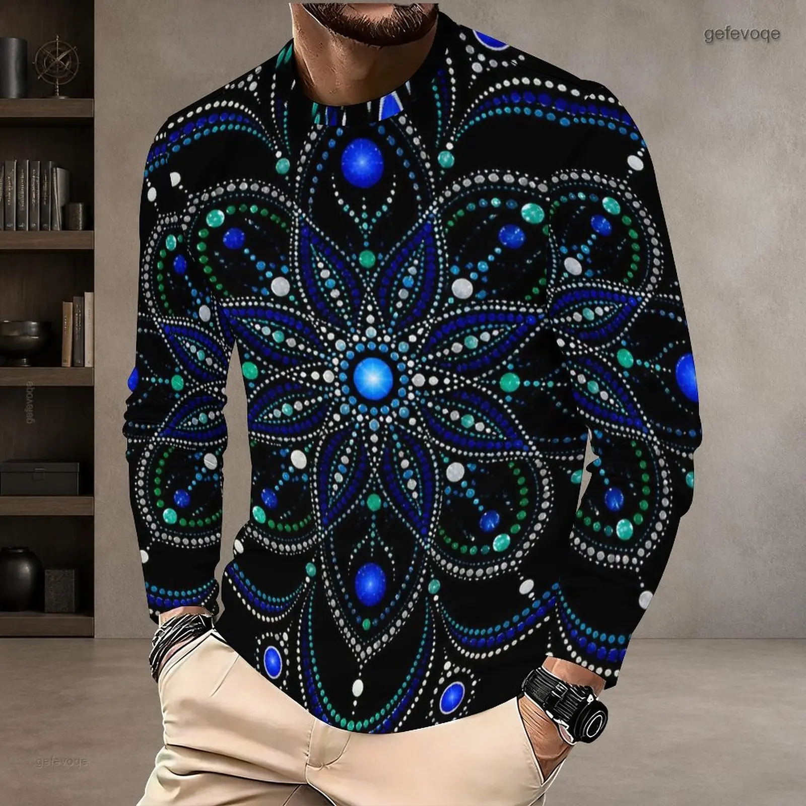 Men Black Blue Teal White Dotted Mandala Floral Printed Round Neck Long Sleeve T-Shirt