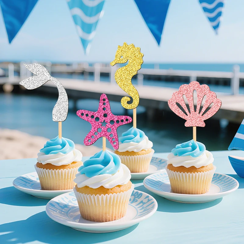 NUBECOM 24 Stück Meerjungfrau-Kuchenaufsätze für Pool- und Strandpartys, Cupcake-Topper, glitzernde Muschel, Seepferdchen, Seestern, Meerjungfrauenschwanz-Kuchen-Picks – Detail 1