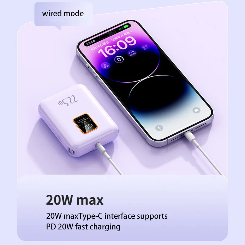 Mini Power Bank Magnetic Wireless 50000mAh 22.5W Fast Charger With Built-in Cable Portable External Battery For IPhone Huawei