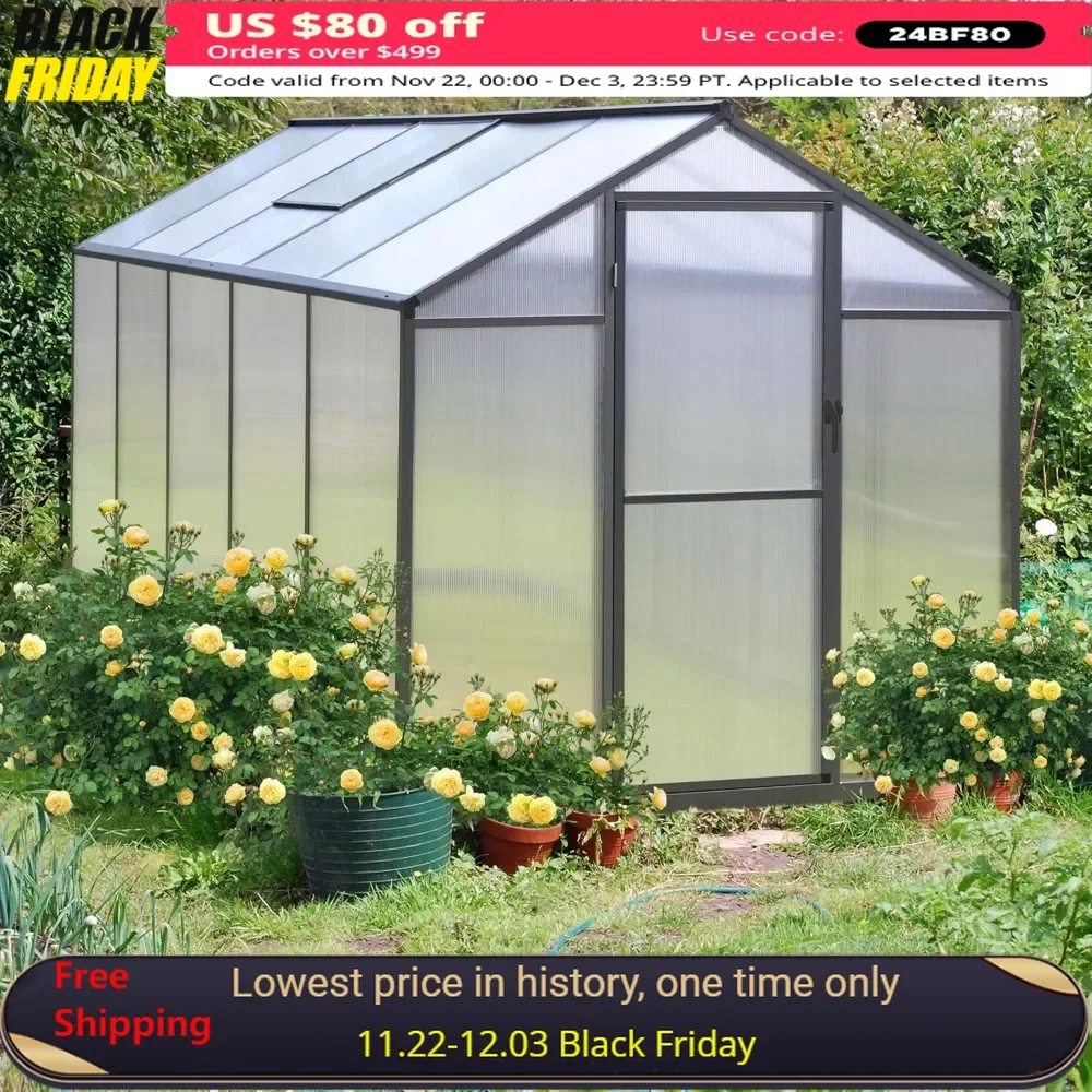 

6x10 Ft Polycarbonate Greenhouse Kit with Aluminum Frame, Walk-in Green House with Sliding Lockable Door & Adjustable Roof Vent