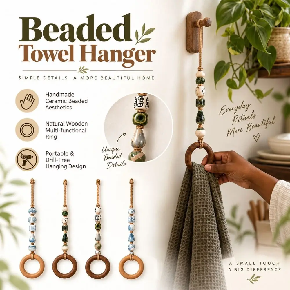Wooden Ring Beaded Towel Hanger Loop Hanging Strap Colorful Beads Hanging Towel Strap Decorative Style Bathroom Accessories