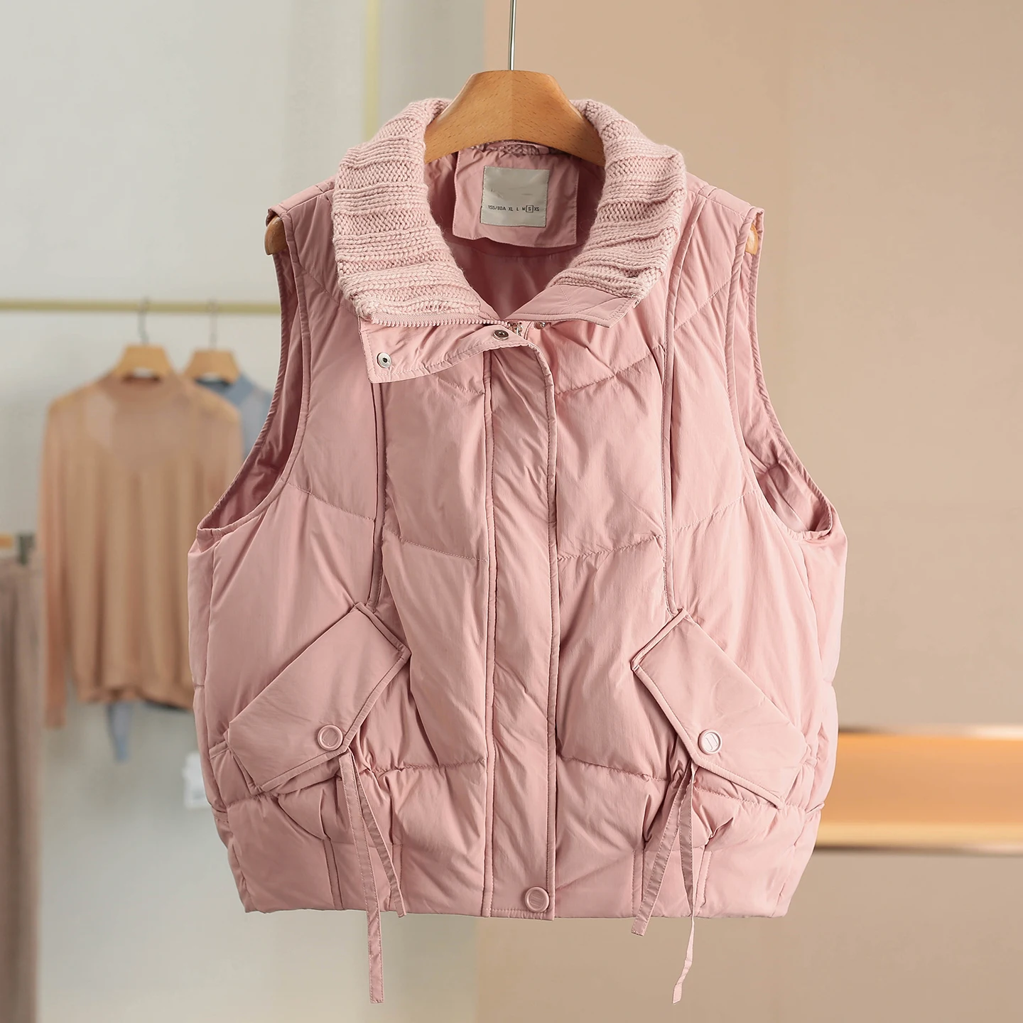 

Pure Color Knitted Patchwork Stand Collar down Vest Women's Fashion 2025 Winter Warm Zipper Closure Regular Fit Jacket