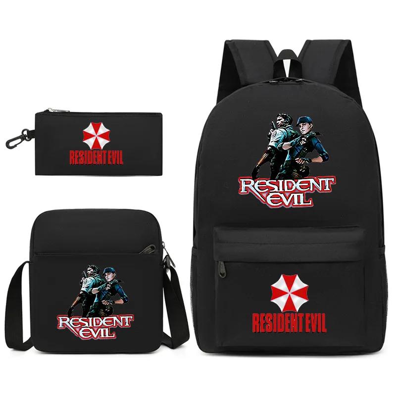 Juego de 3 Piezas de Accesorios para Videojuegos, Mochila, Bolso de Hombro y Estuche para Lápices de Leon de Resident Evil, Útiles Escolares, Regalo de Cumpleaños