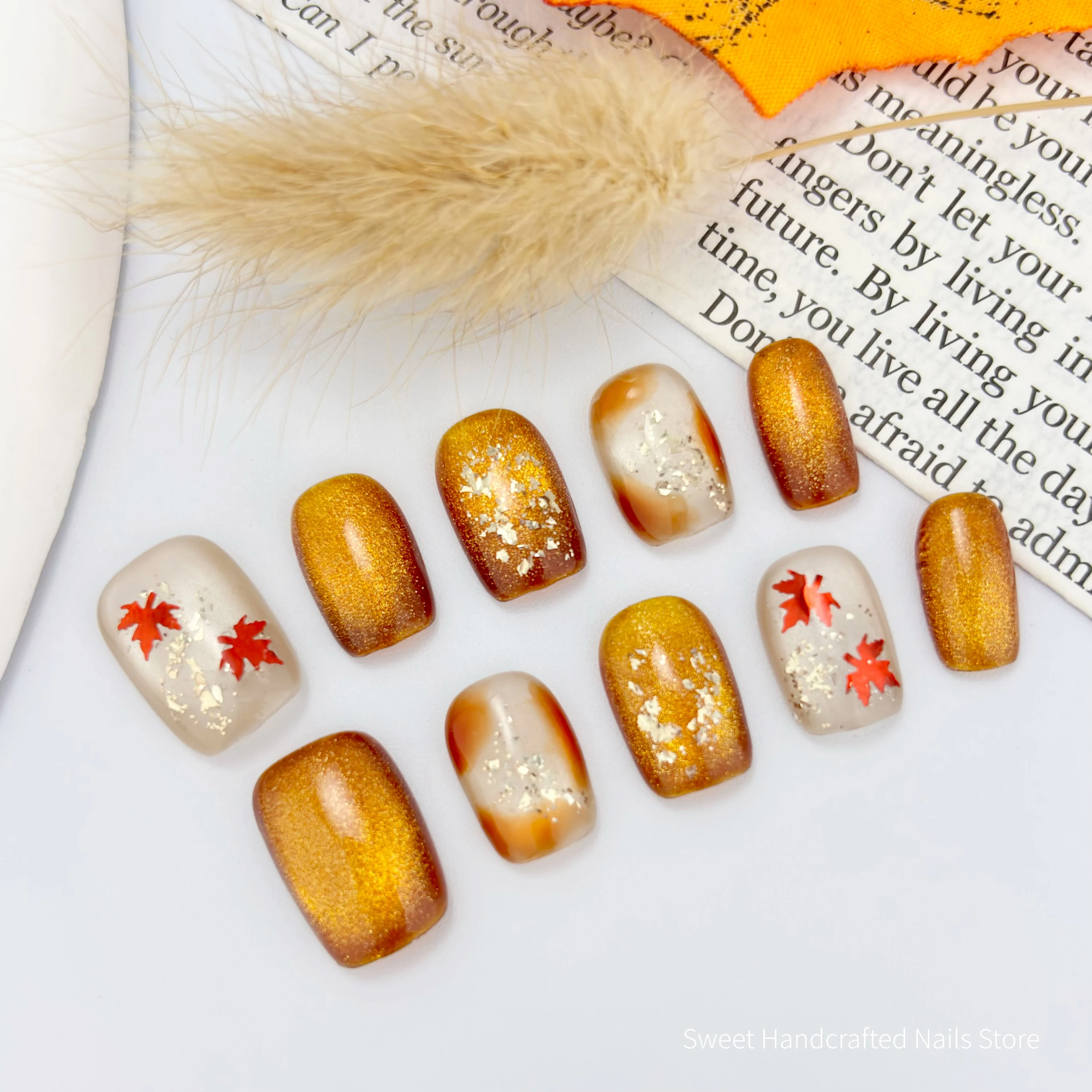 Handmade Short Square Press On Nails, Amber Caramel Warm Tone Fake Nails, Brown Gold Cat Eye Gradient with Red Maple Leaf & Gold Foil Decor, Reusable Removable Fall Nail Art for Women Autumn Daily Wear, Nail Tool Kit I