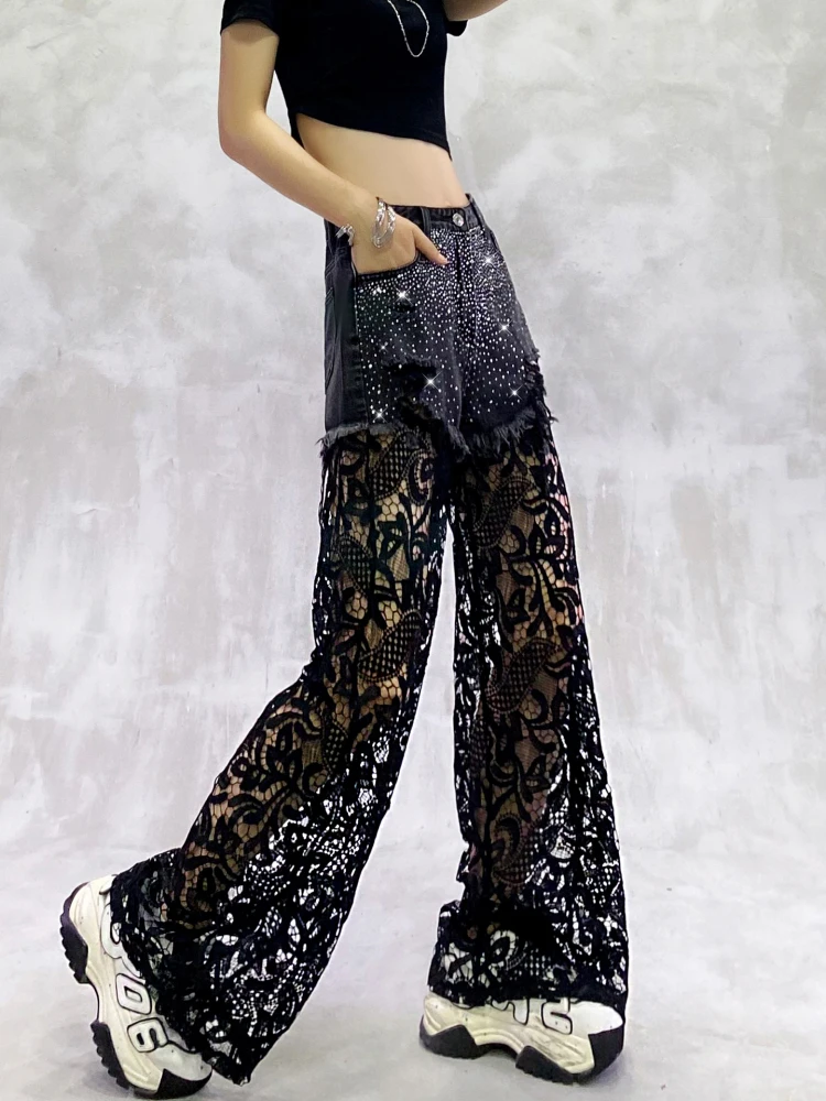 High Street เงาร้อนเจาะ Hollow OUT Lace Splicing DENIM กางเกงยาว All-Match High เอว Mopping ชั้นตรงกางเกง