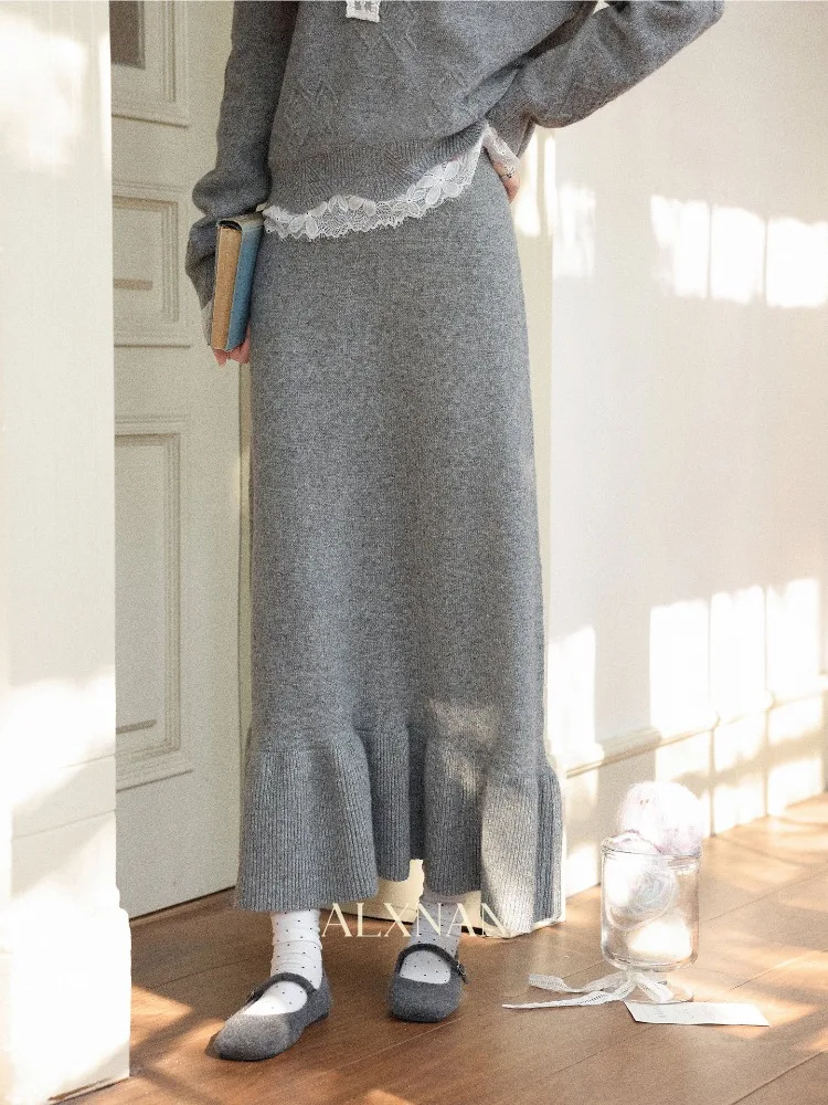 

ALXNAN серая юбка женская с высокой талией трапециевидной формы, длинные юбки с рюшами по подолу, осень-зима 2022, повседневные офисные элегантные юбки женские L60613