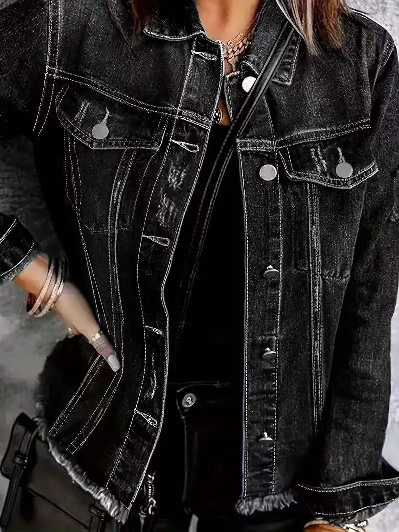 Women’s Black Ripped, Frayed-Edge Denim Top