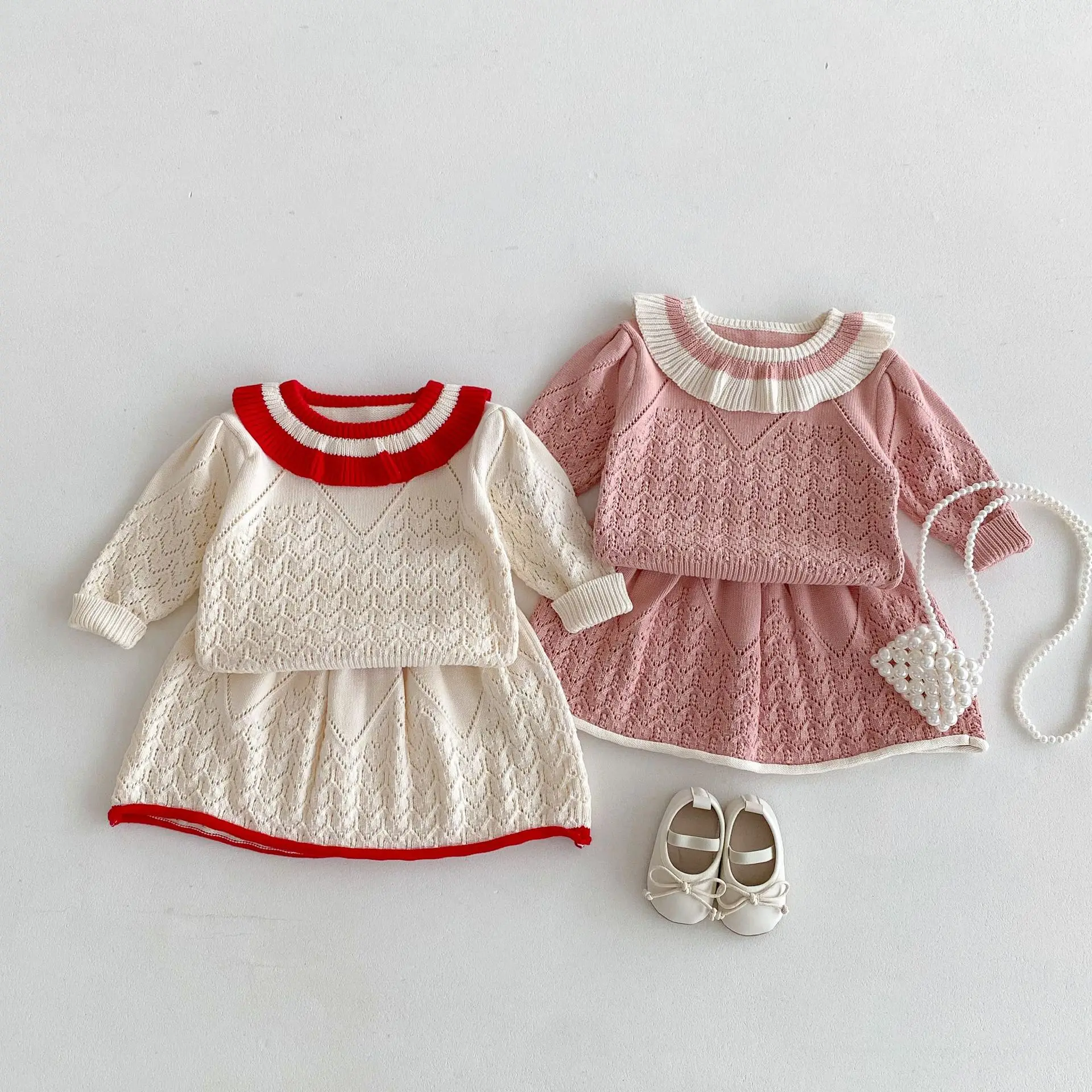 

Autumn New Children Hollow Out Knitted Set Girls Ruffle Collar Princess Sweater + Skirts 2pcs Suit Kids Cute Versatile Outfits