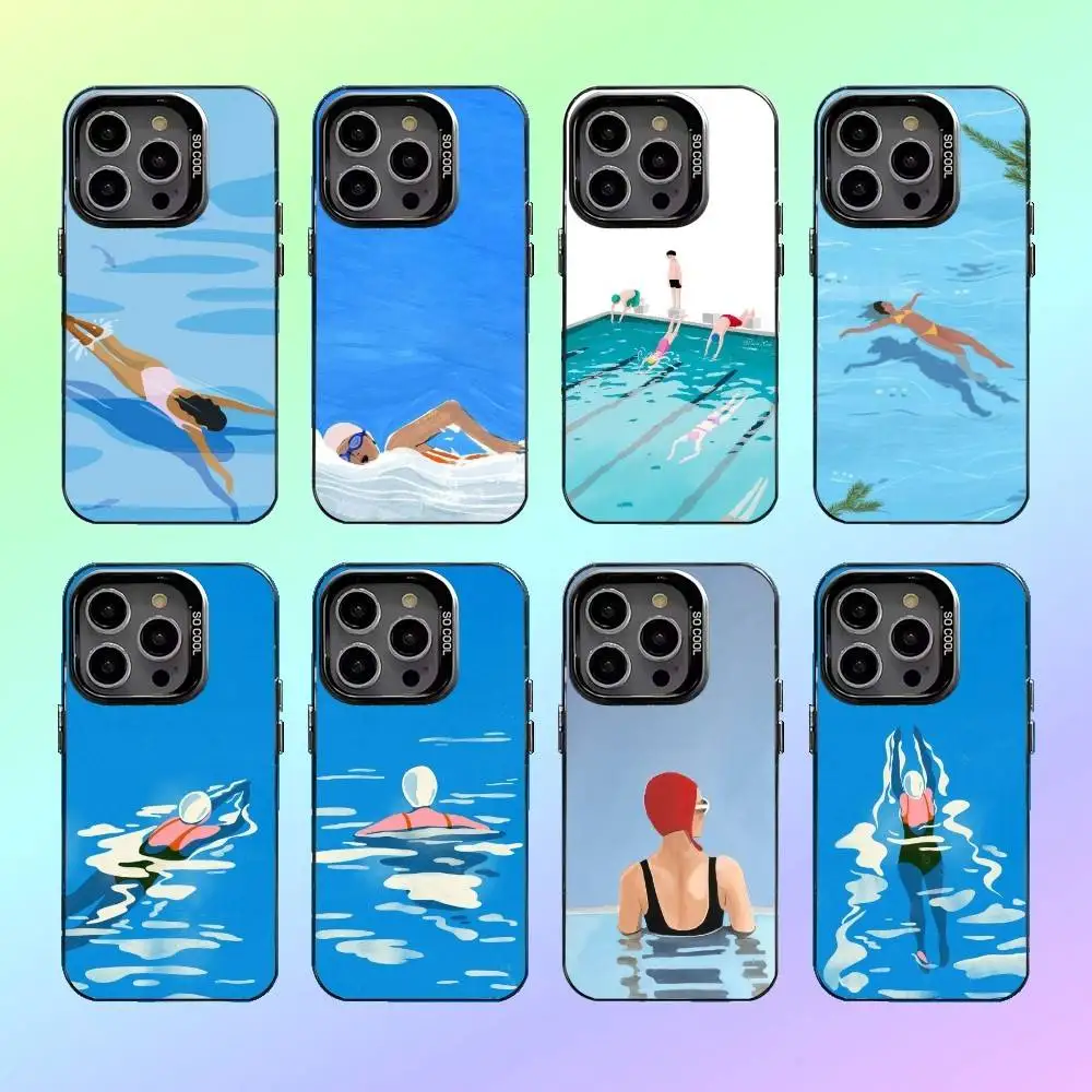 

Art S-Swim Phone Case For iPhone17,16,15,14,13,12,11 Plus,Pro Max Colorful Silver Back Phone Case